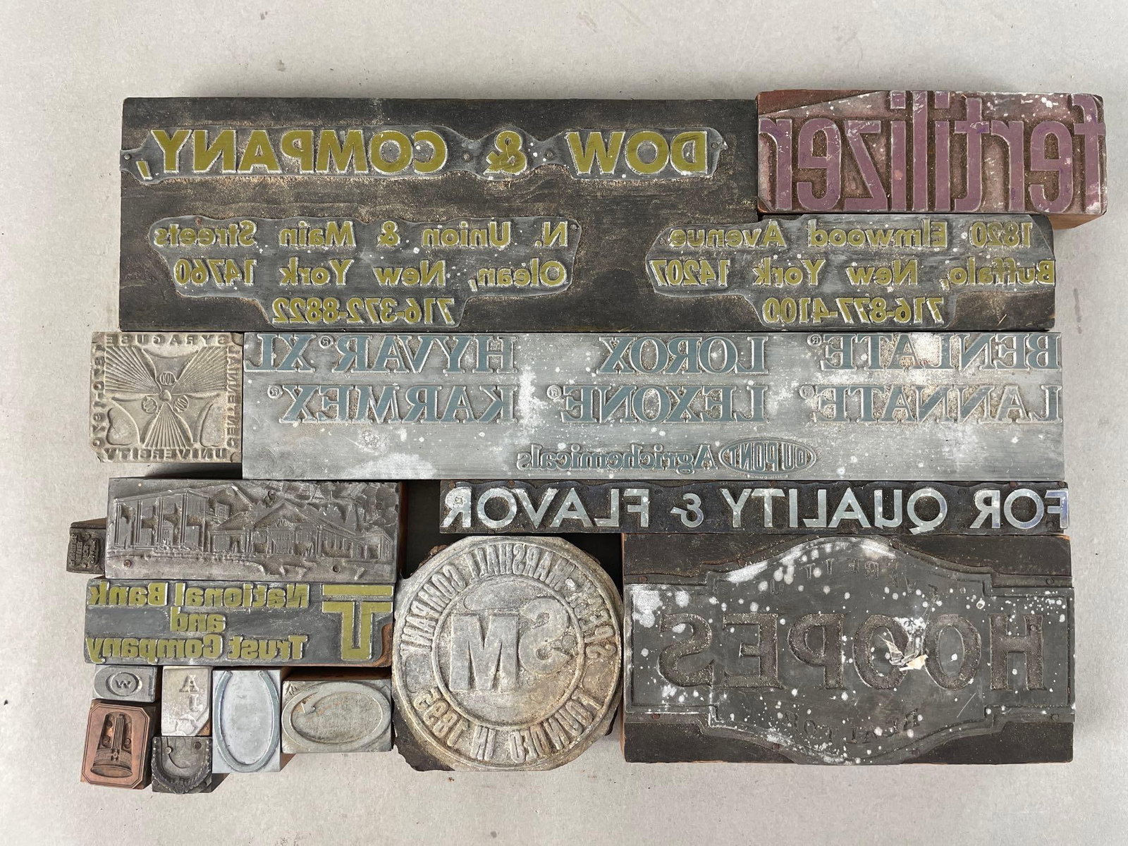 Group of Vintage Advertising Type Blocks and More: Largest measures 3 1/4 x 12 3/4 inches