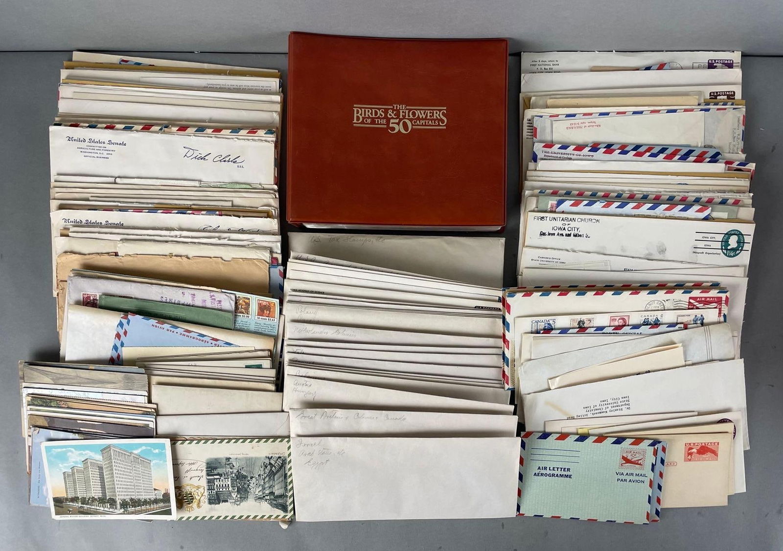 Group of Used U.S. Postal Service Stamps and More: Includes postcards, foreign stamps, state birds and flowers stamp collection
