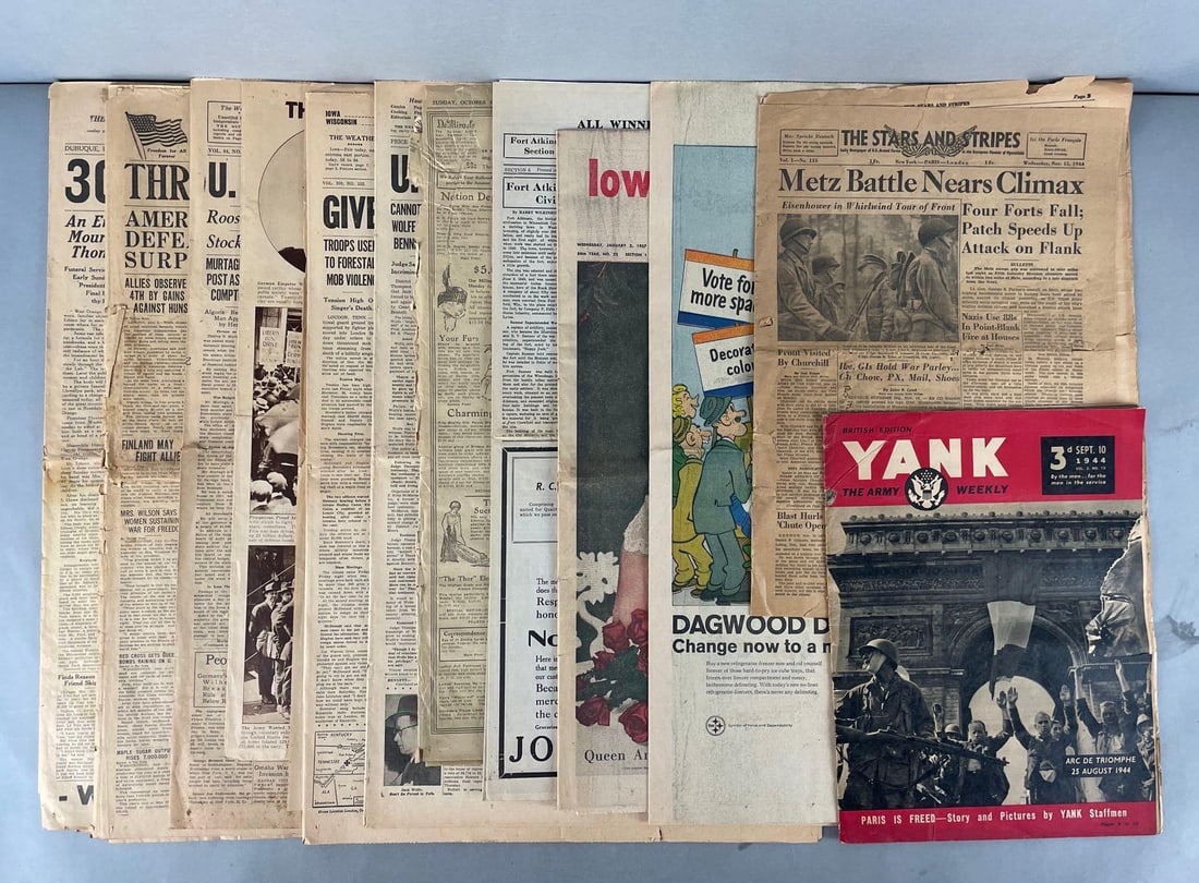 Group of WW2 Era Iowa Newspapers and More: Includes 1910s, 1944 Yank magazine, 1944 Stars and Stripes, and more. Largest measures 23 1/2 x 16 1/2 inches
