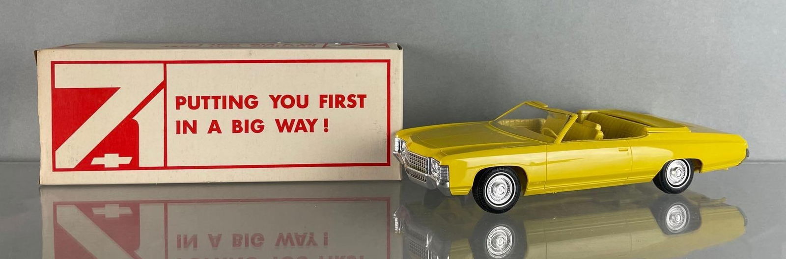 1971 Chevy Impala Convertible Sunflower Yellow Dealership Promo Car: Yellow interior, coaster, original box