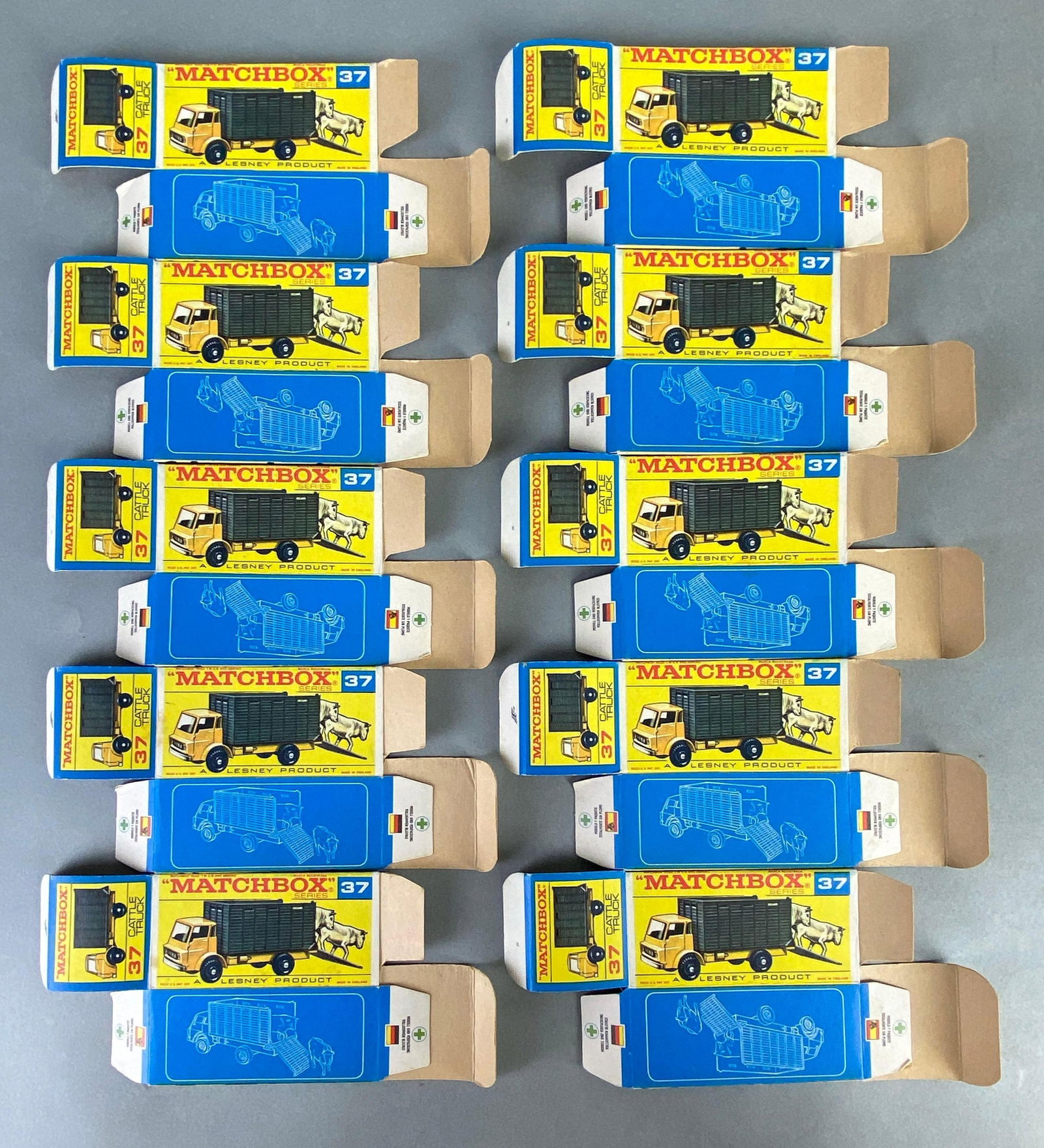 Group of 10 Matchbox F Type No. 37 Boxes: cattle truck