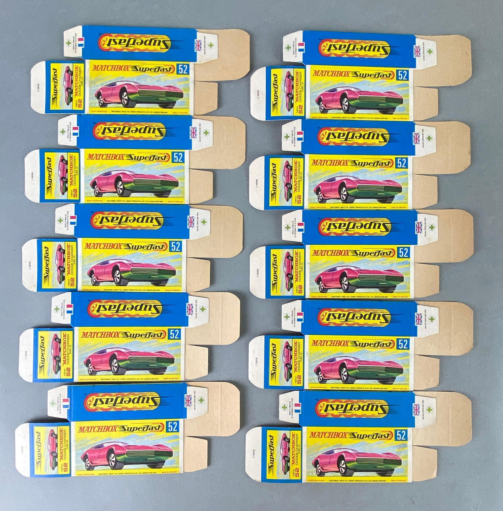 Group of 10 Matchbox Superfast G Type No. 52 Boxes: Dodge charger MK 3