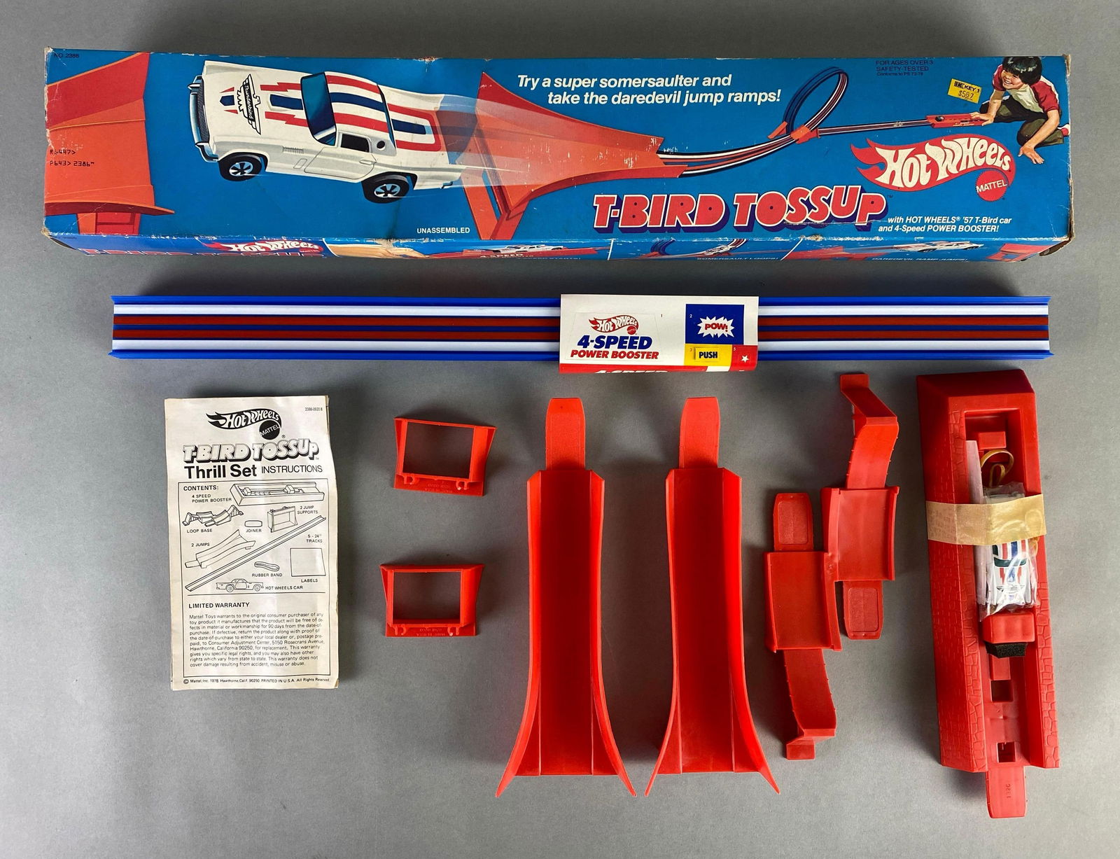 1978 Mattel Hot Wheels T-Bird Tossup Thrill Set: Like new in original box, shelf wear shown, complete set, includes 1957 Die-Cast T-Bird Car, tracks measure 24 inches in length