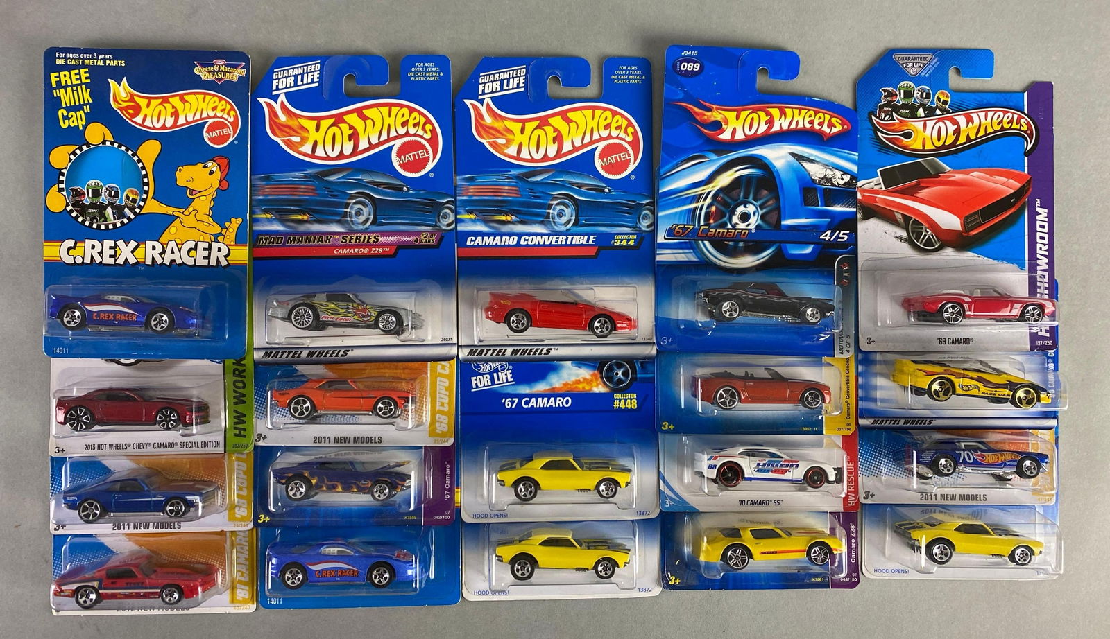 Group of 19 Mattel Hot Wheels Die-Cast Camaros: Includes 67 Camaro, Camaro convertible, z28 and more, like new in packaging