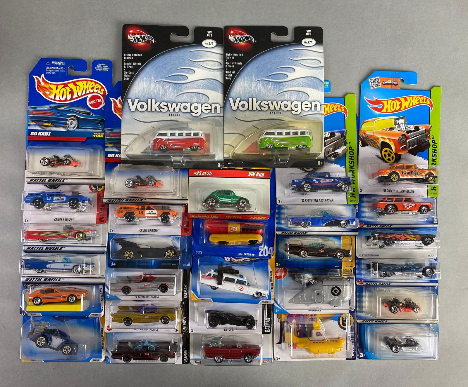Group of 28 Mattel Hot Wheels Die-Cast Special Cars: Includes The Beatles yellow submarine, Batmobile, all stars and more, like new in packaging