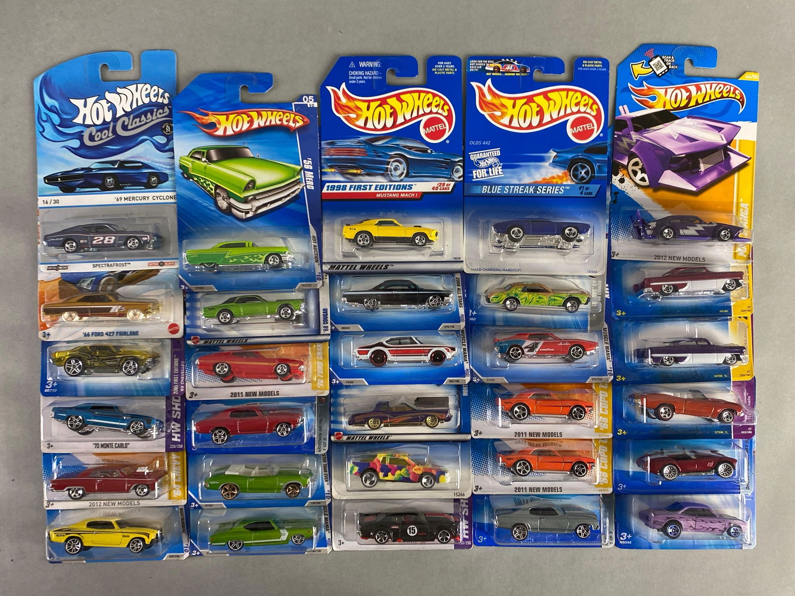 Group of 30 Mattel Hot Wheels Die-Cast Muscle Cars: Includes 69 mercury cyclone, 56 mercury, Mustang Mach 1 and more, like new in packaging