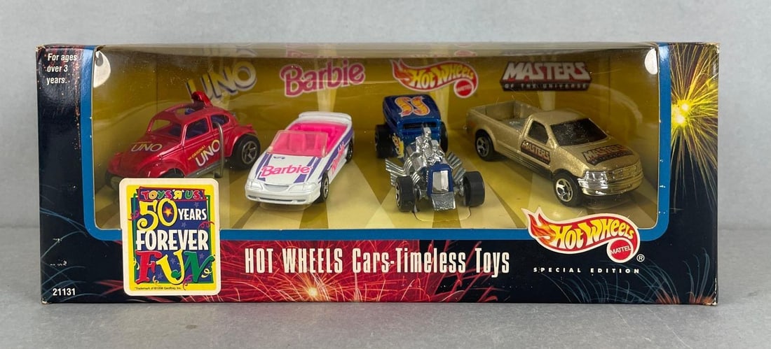 Special Edition Mattel Hot Wheels Toys-R-Us Die-Cast Vehicle Set: Includes uno, Barbie, masters of the universe. 1/64 scale, original packaging