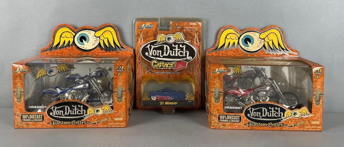 Group of Jada Toys Von Dutch Die-Cast Vehicles: Includes 2 - 1/18 scale dragnut motorcycles, 1/64 scale 1951 Mercury