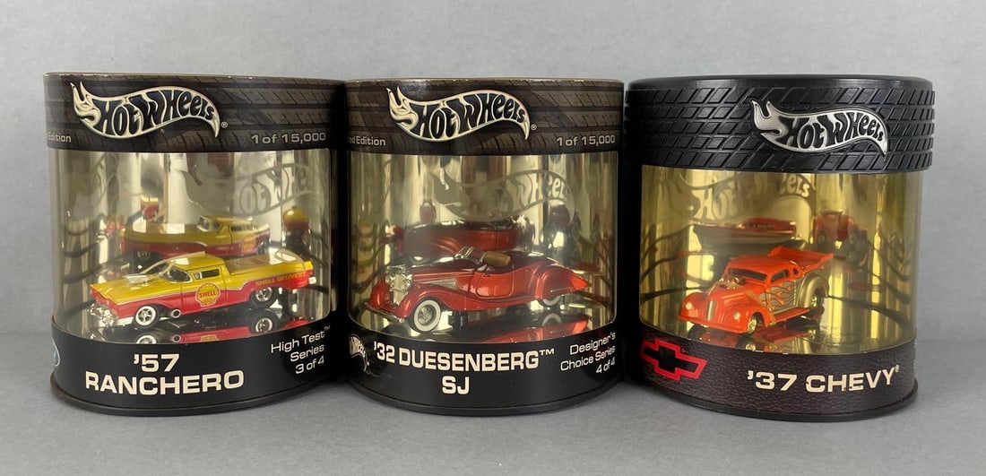 Group of 3 Limited Edition Mattel Hot Wheels Die-Cast Vehicles: Includes 57 ranchero, 32 duesenberg SJ, limited edition of 7000 '37 Chevy . 1/64 scale, original packaging