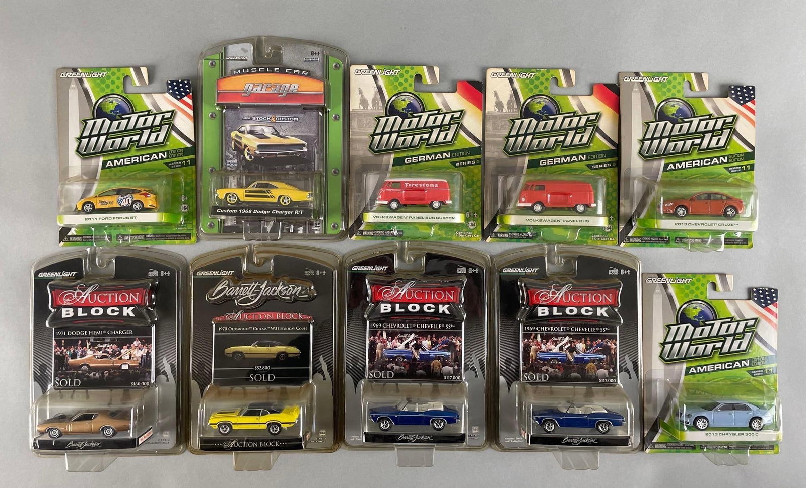 Group of Greenlight Die-Cast Vehicles: Includes auction block, VW bus, Chevelle, and more. 1/64 scale