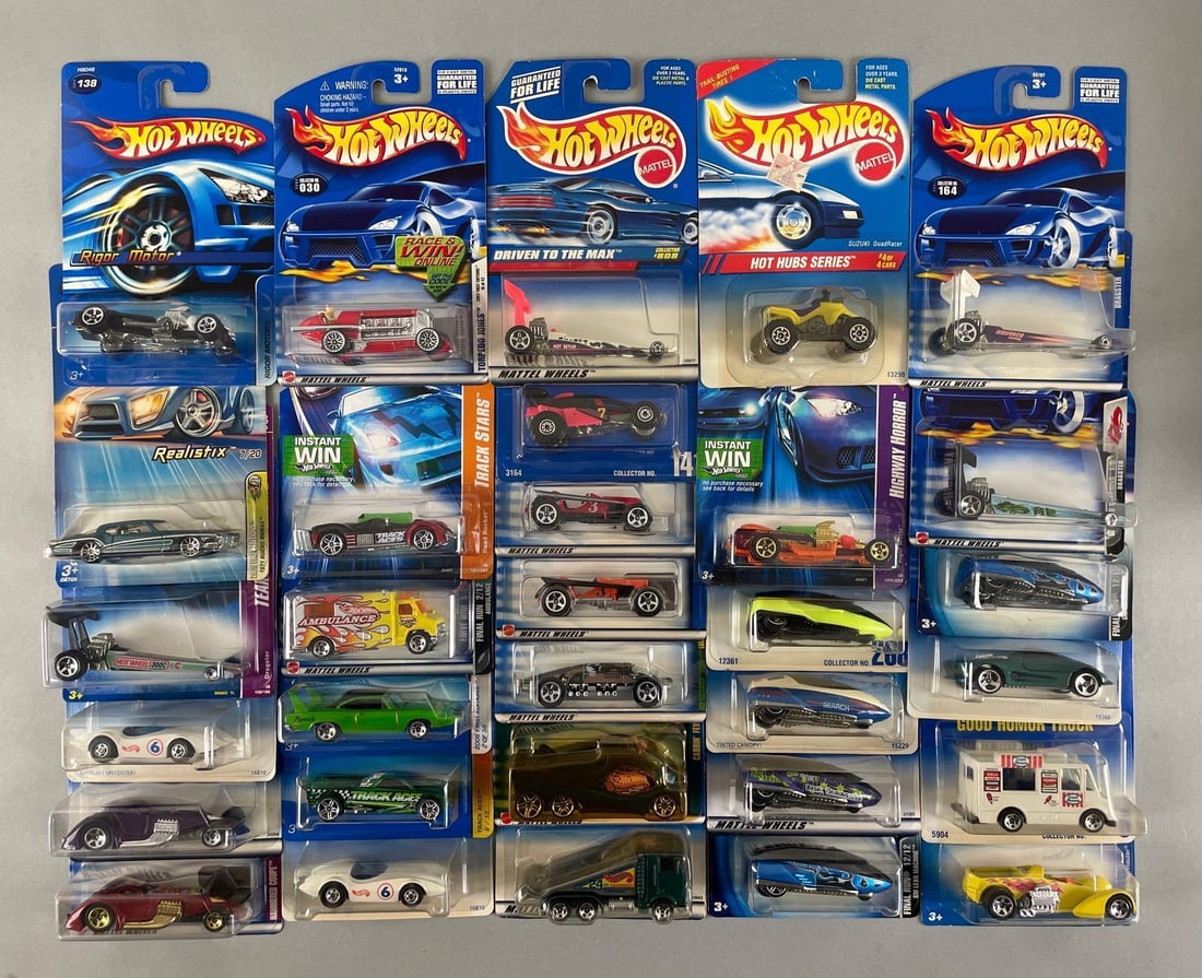 Group of Mattel Hot Wheels Die-Cast Vehicles: Includes dragster, ambulance, rigor motor, and more