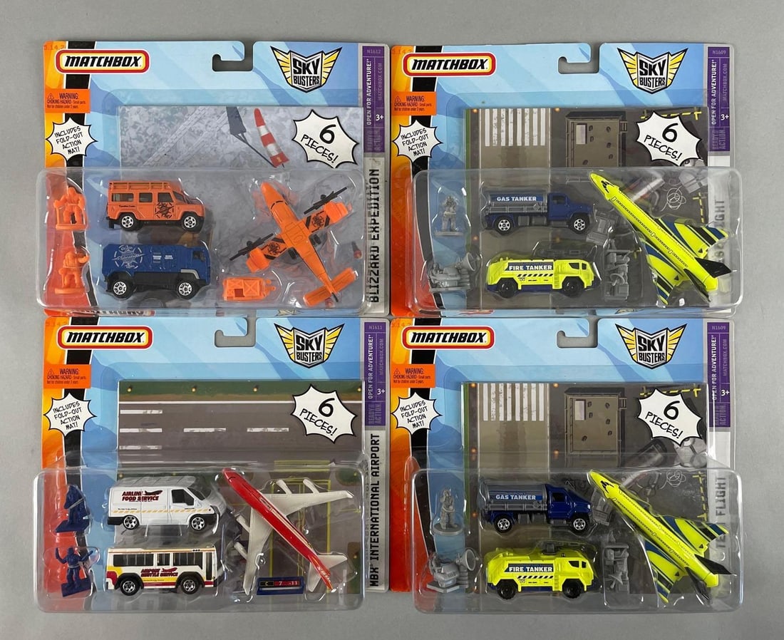Group of 4 Matchbox Sky Busters Die-Cast Sets: Includes blizzard expedition, mbx intl airport, test flight. 1/64 scale, original packaging
