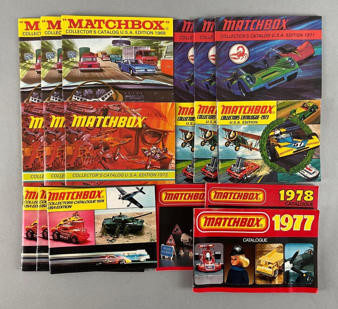 Group of Matchbox 1970s Die-Cast Vehicle Catalogs: Includes 69, 71-74, 77,78. Largest measures 4 1/4 x 6 1/2 inches