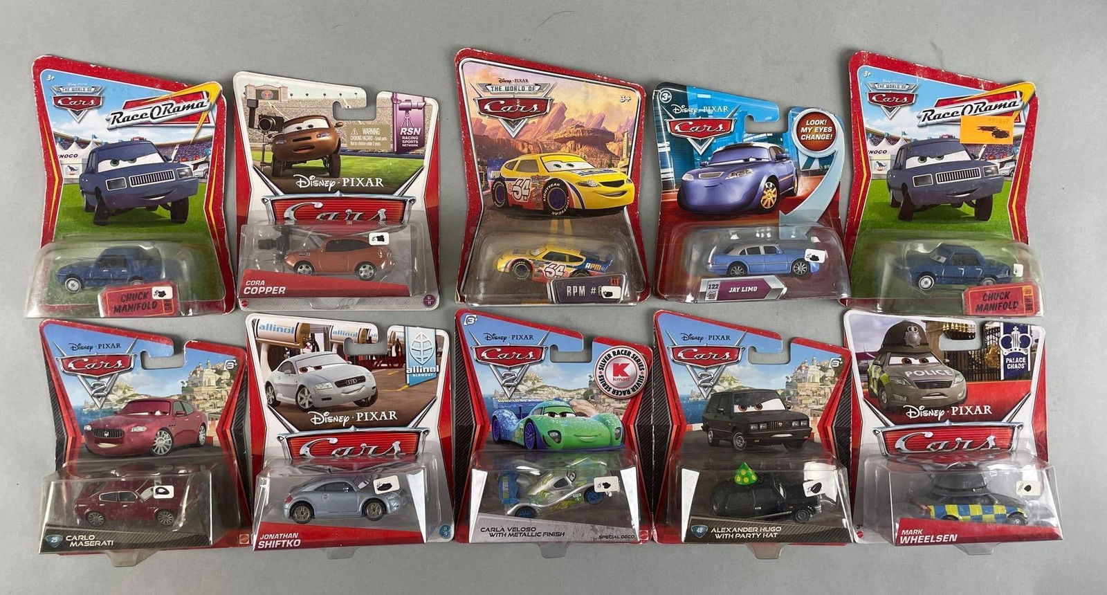 Group of Mattel Disney Pixar Cars Die-Cast Vehicles: Approximately 1/64 scale, includes jay limo, chuck manifold, rpm #64, and more