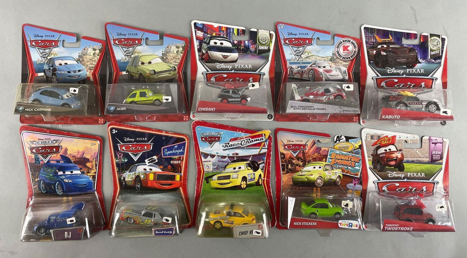 Group of Mattel Disney Pixar Cars Die-Cast Vehicles: Includes Darrell cartrip, nick stickers, acer, and more. 1/64 scale