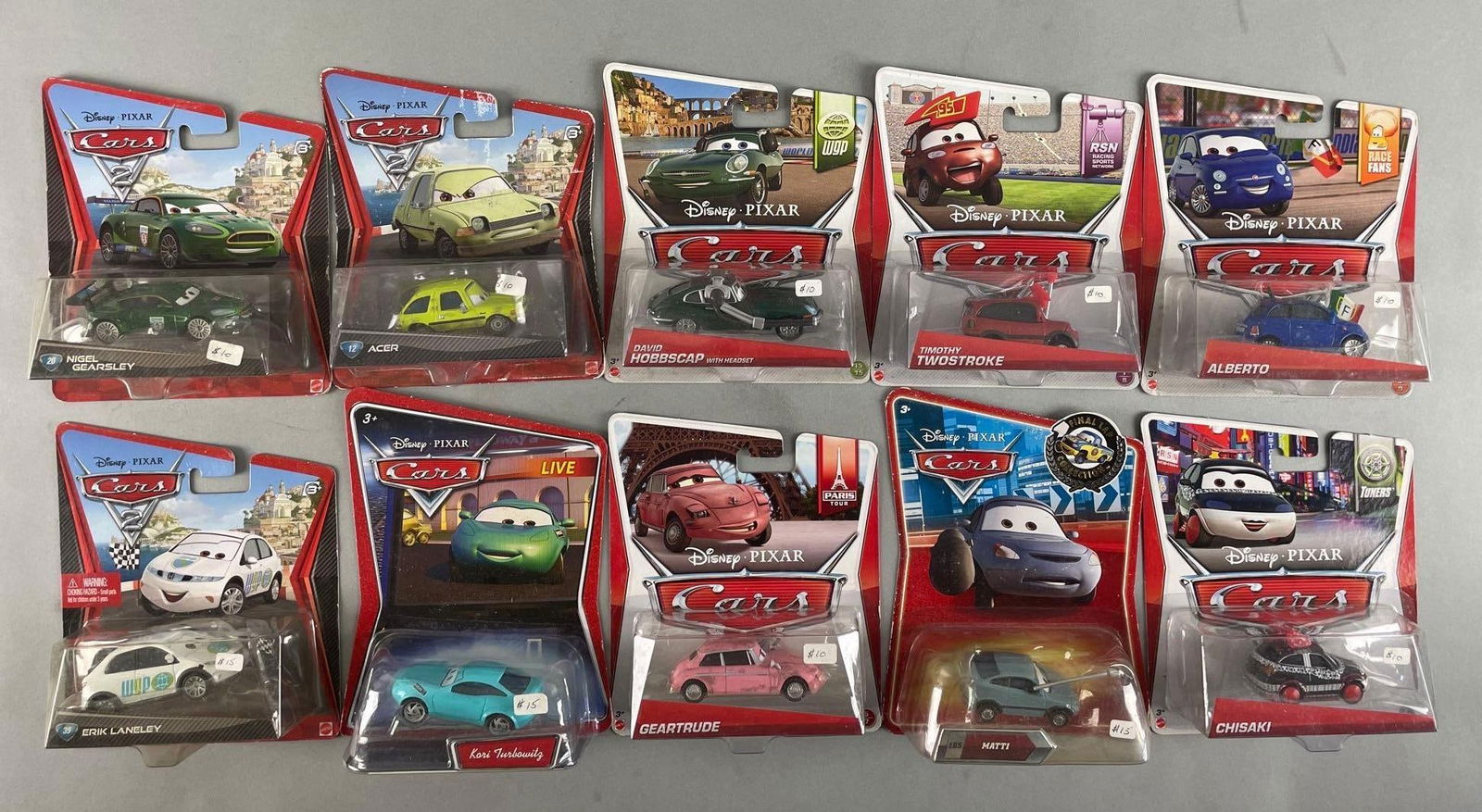 Group of Mattel Disney Pixar Cars Die-Cast Vehicles: 1/64 scale, includes geartrude, Erik lanely, Alberto, and more
