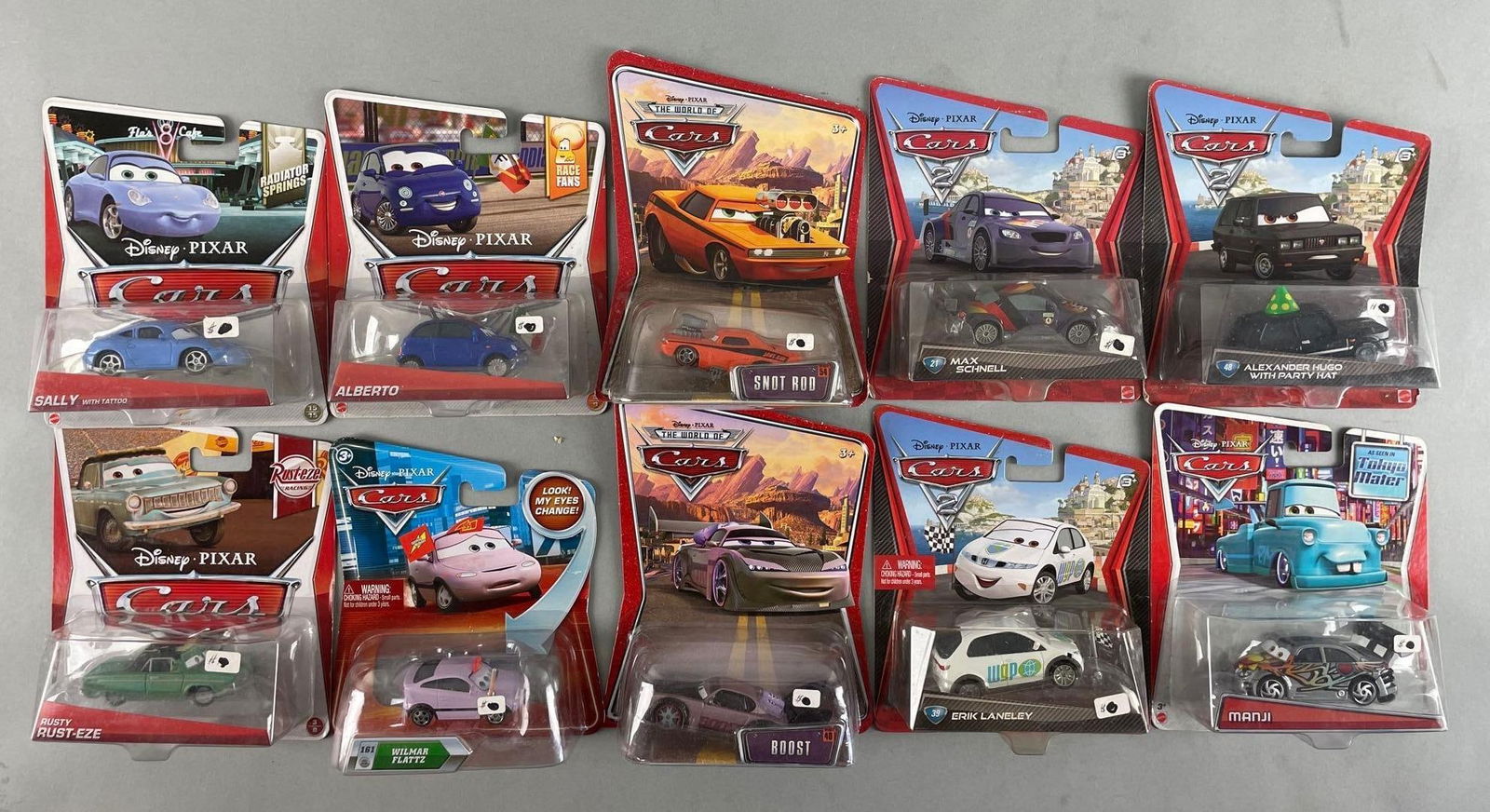 Group of Mattel Disney Pixar Cars Die-Cast Vehicles: 1/64 scale, includes manji, sally, snot rod, and more