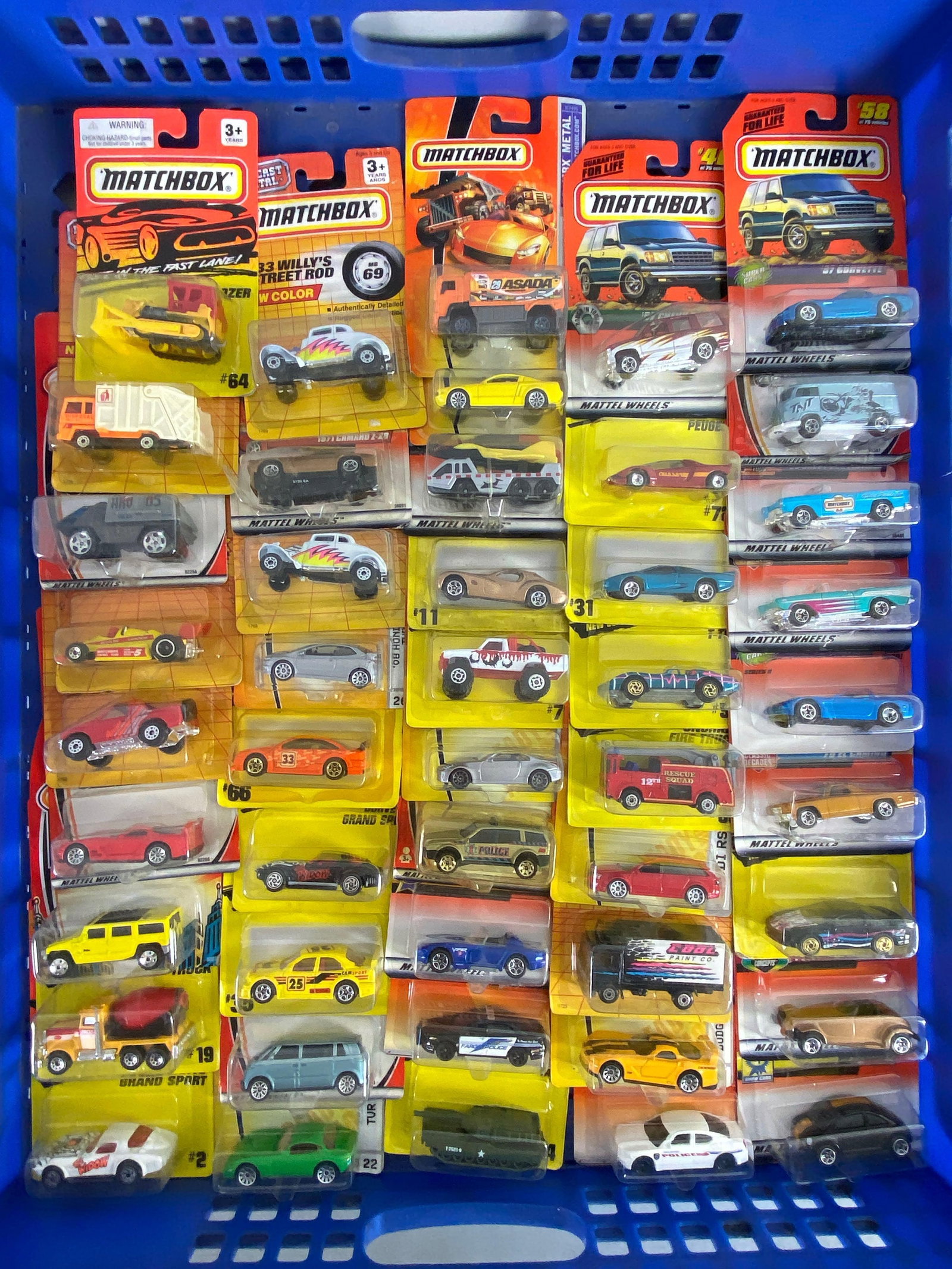 Group of 46 Matchbox Die-Cast Cars and More: like new in packaging, includes Emergency services, trucks, race cars and more