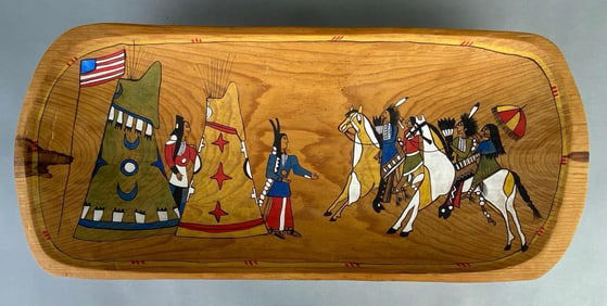 C.J. Prophet Native American Hopi Painted Scene Wood Dough Bowl