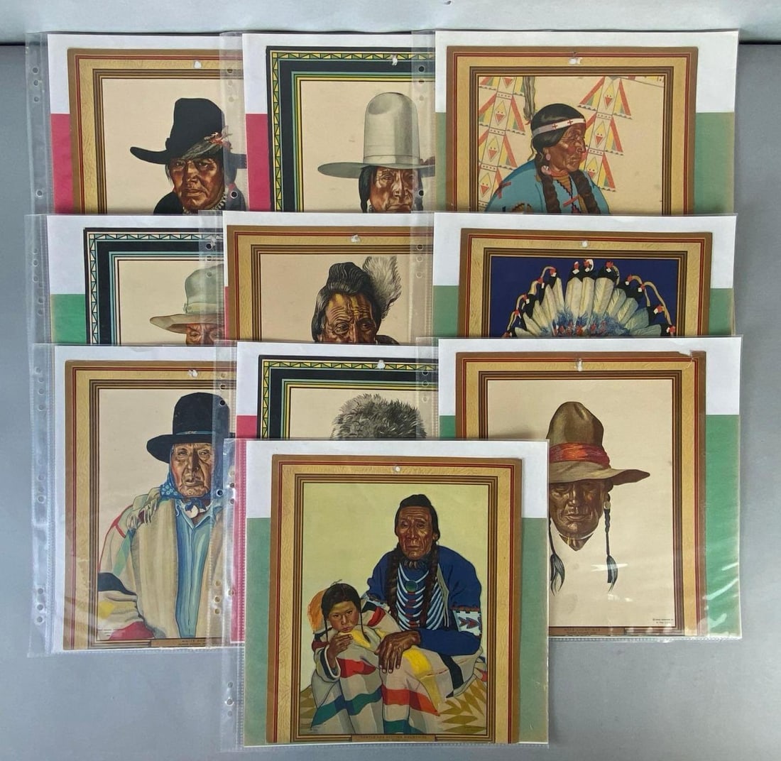 Group of 10 Native American Glacier National Park Calendar Covers: Covers only, No calendar pages, From original portraits by Winold Reiss, All measure 11 1/2 x 10 inches.