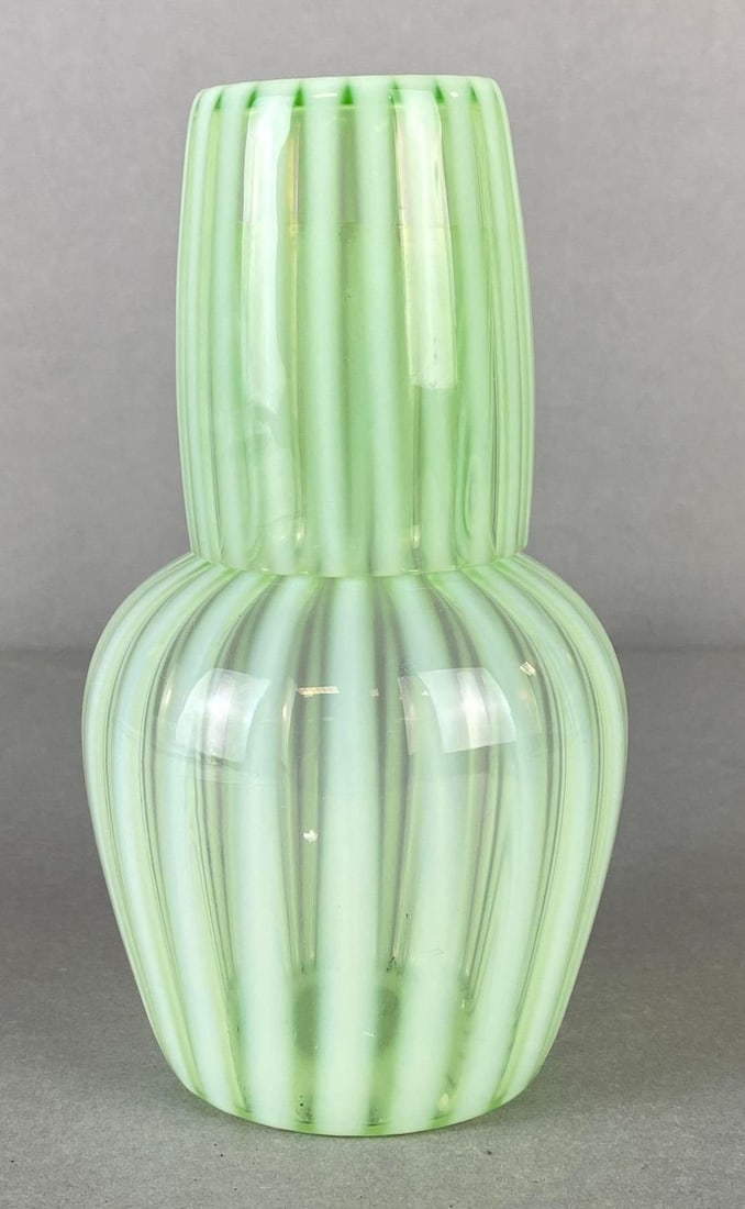 Fenton Style Opalescent Striped Green Vaseline Glass Tumbleup/Water Carafe (1 of 6)
