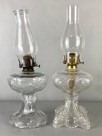 Group of 2 Clear Glass Princess Feather Style Oil Lamps
