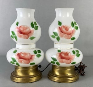 Pair of Floral Painted Milk Glass Electrified Table Lamps