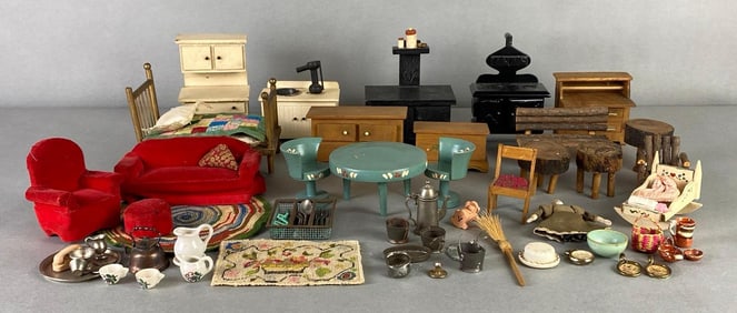 Group of Miniature Doll House Furniture and More