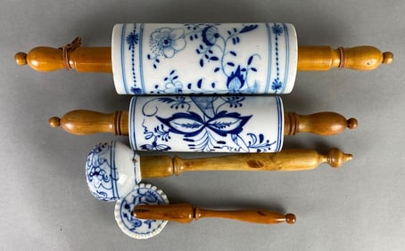 Group of 4 Blue Onion Porcelain Rolling Pins and Other Utensils