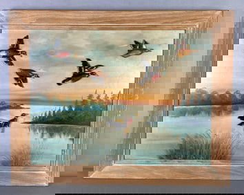 Carla Louise Throckmorton Carved Ducks Over Lake Mixed Media on Board