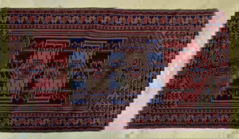 Vintage Blue and Red Kazak Style Oriental Rug