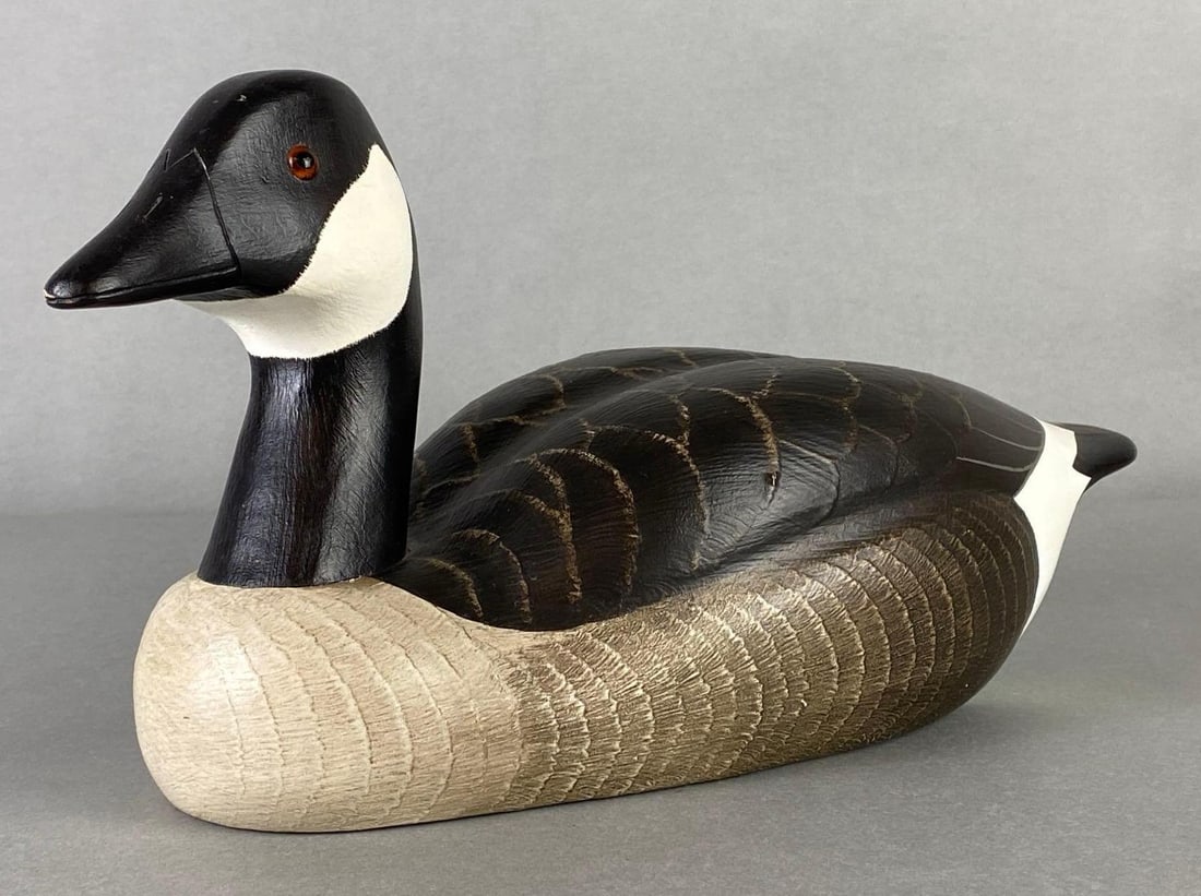 1984 Ethan Allen Liz Gabrell Canada Goose Wood Decoy: Artists signature on base, Measures 6 3/4 x 13 1/2 x 5 3/4 inches.