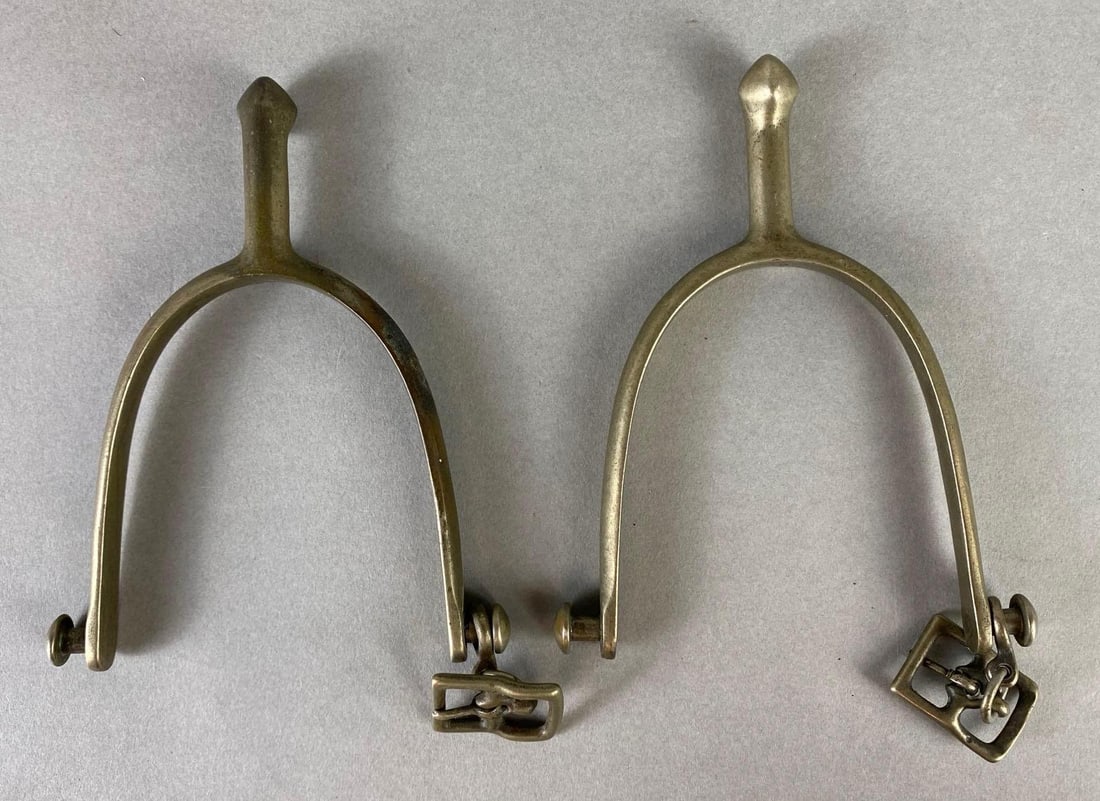 WW1 Era US Calvary August Buermann Horse Spurs: Nickel plated, Both measure 5 1/2 x 4 3/4 inches.