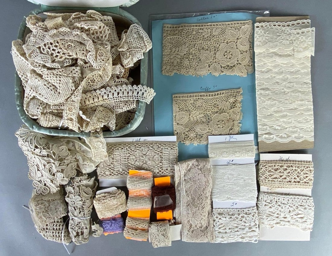 Group of Vintage Lace Trims and More: Includes trims and collars, Includes green satin quilted case, Case measures 8 1/4 x 8 1/4 x 2 1/2 inches.