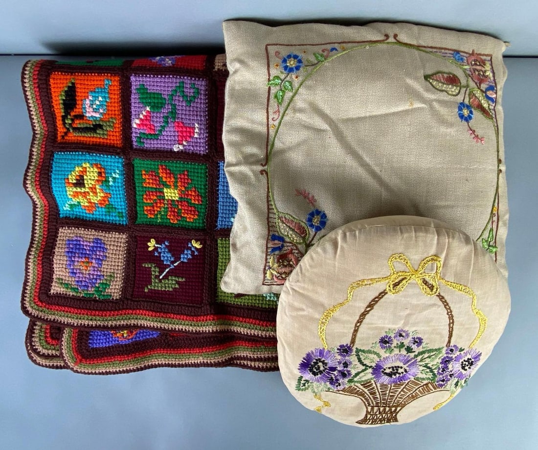 Group of Vintage Embroidered Pillows and Knit Blanket (1 of 5)