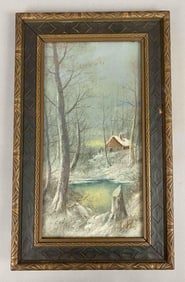 Signed I.P. Snowy Cabin Oil Painting