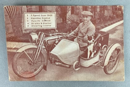 Paraplegic Motorcyclist with Motorcycle and Sidecar Postcard with Dog