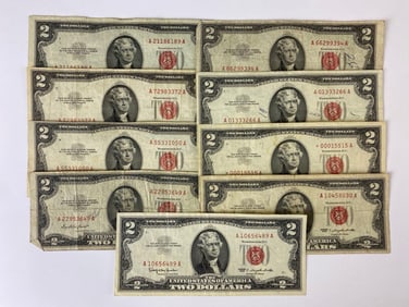 Group of (9) Red Seal 2 Dollar Bills