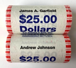 Group of (2) 25 Presidential Dollar Rolls Garfield and Johnson