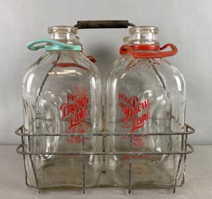 Vintage Dairy Lane Milk Bottles and Metal Carrier
