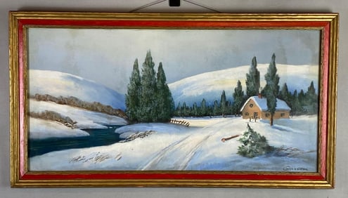 Andrew Gunderson Winter Cabin Oil Pastel Painting on Paper