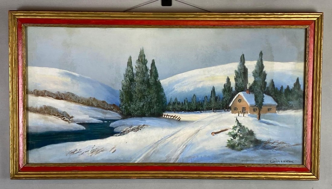 Andrew Gunderson Winter Cabin Oil Pastel Painting on Paper (1 of 3)