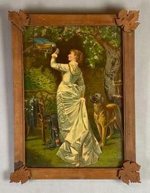 Victorian Woman with Dog Feeding Parrot Chromolithograph