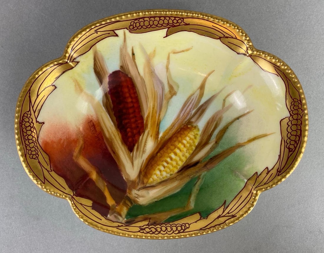 Pickard French Handpainted Corn Stalk China Bowl: Haviland France, Gold gilt edges, Measures 6 1/2 x 5 1/4 x 1 3/4 inches.