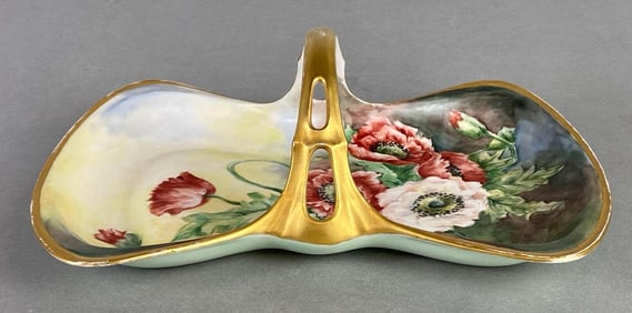 Limoges Hand-Painted Floral Porcelain Handled Basket Tray