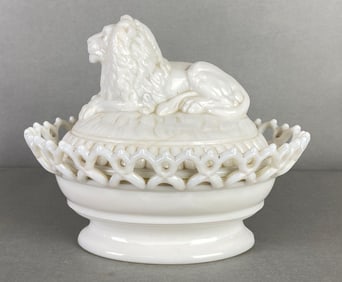 Atterbury and Co. EAPG Milk Glass Lion Basket