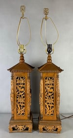 Pair of Asian Mid-Century Ornate Wood Lamps