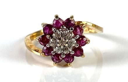 10K Gold Ruby and Diamond Flower Ring