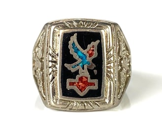 Sterling Silver Turquoise and Coral Harley-Davidson Ring