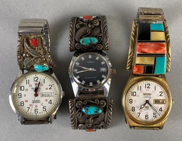Group of 3 Native American Inspired Sterling Silver Wristwatches
